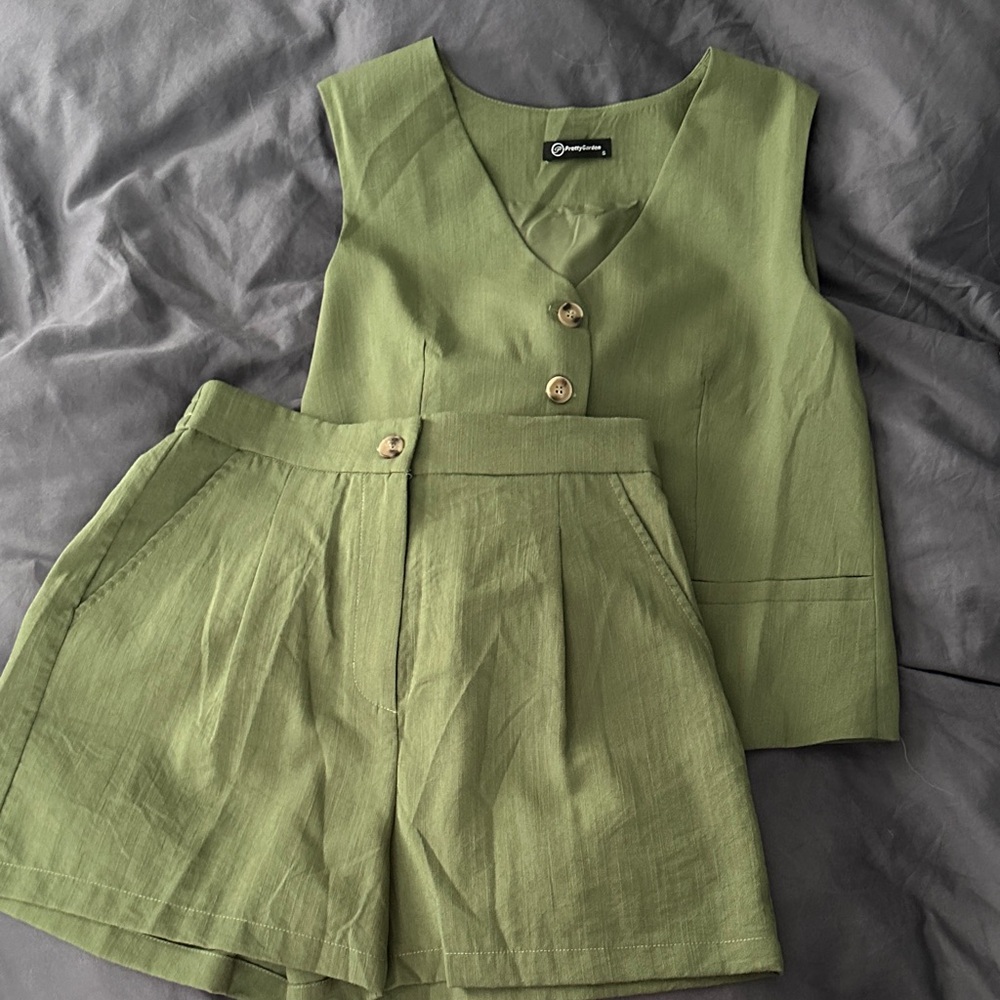 Green Button-Up Vest and Shorts Set